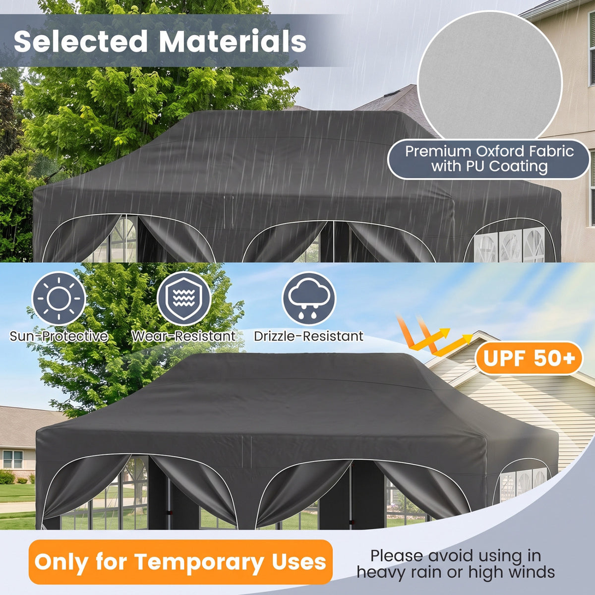 Black canopy shown outdoors in sun and rain, alongside a fabric close-up and weather-related icons.