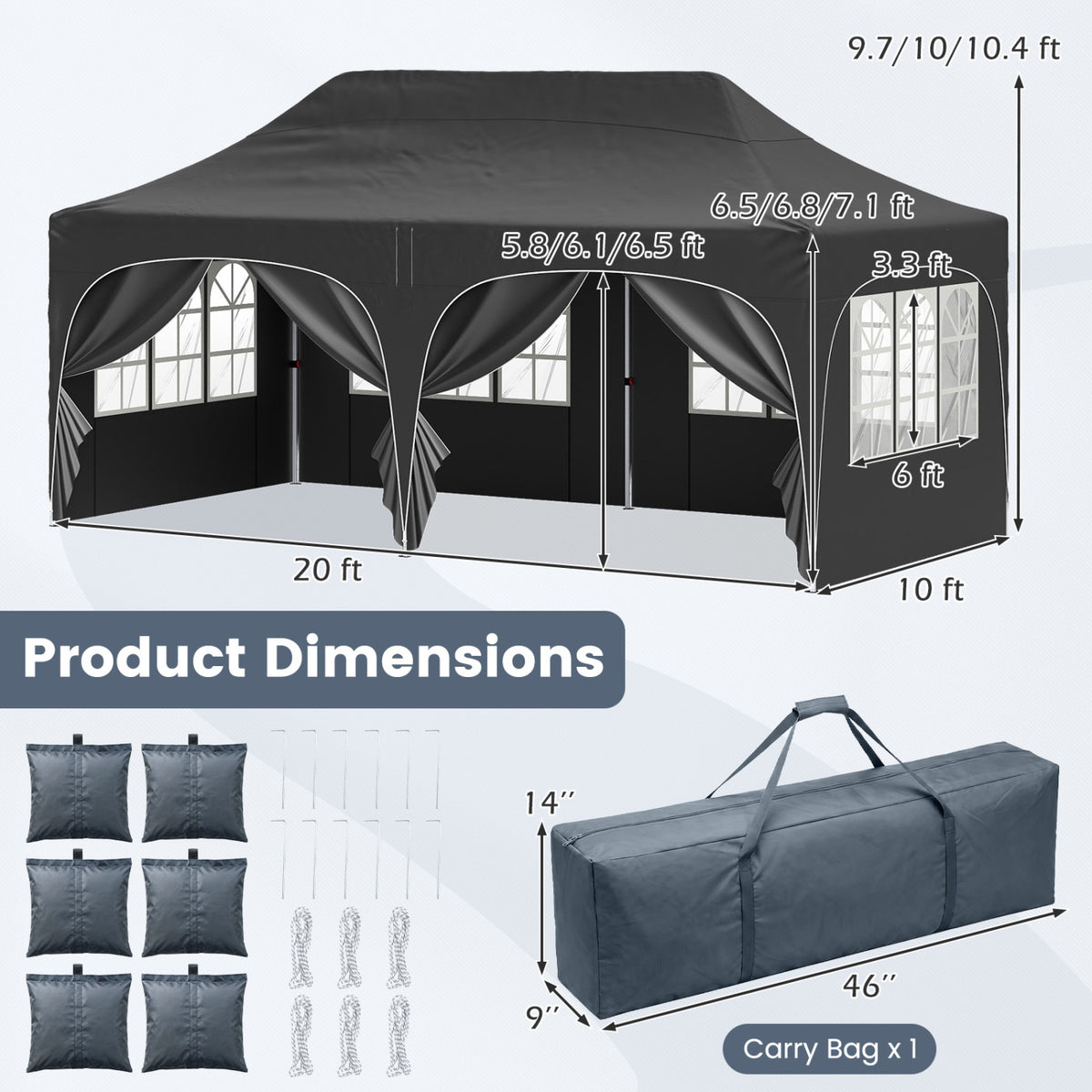 Black canopy tent shown with measurement arrows, six folded side panels, stakes, and a carry bag.