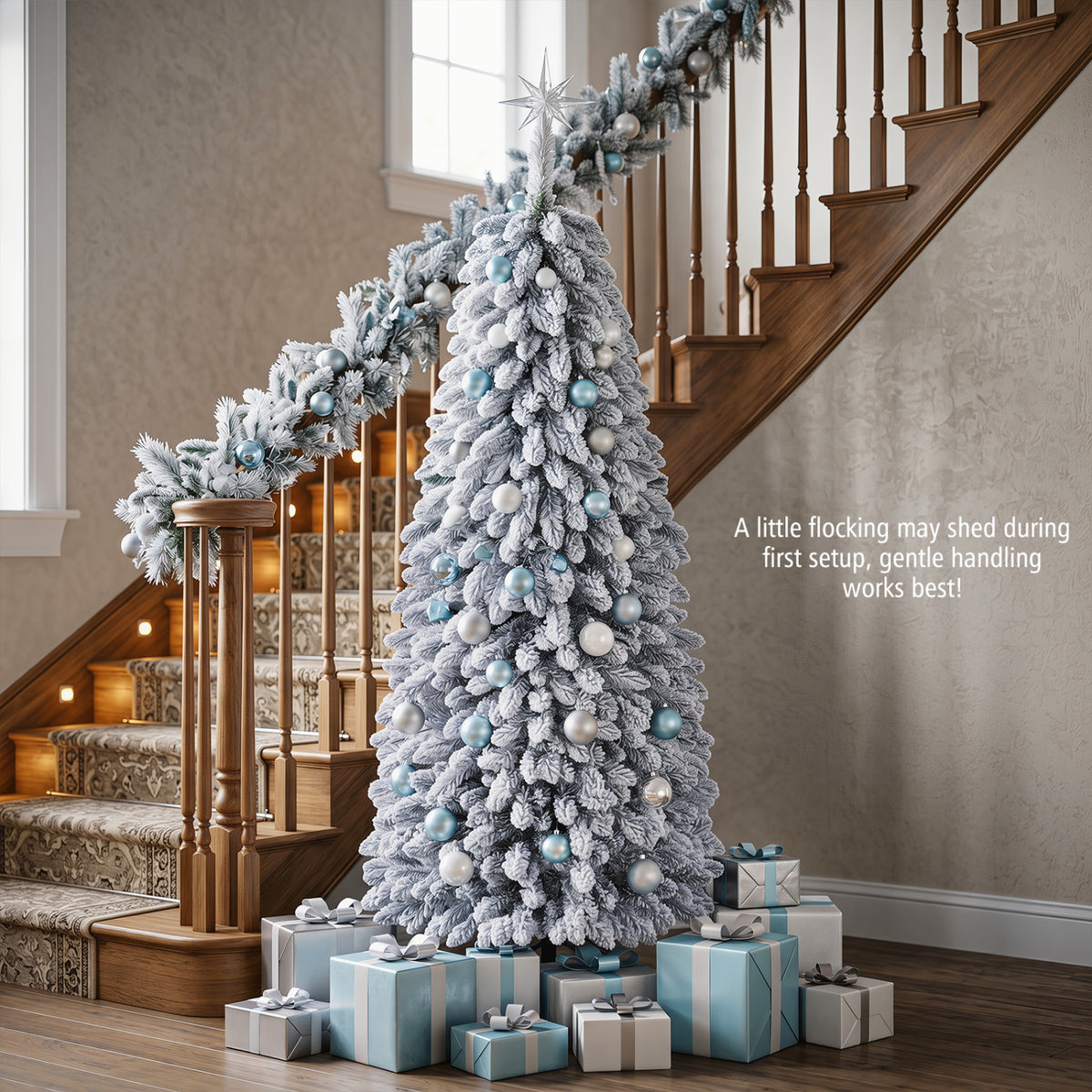 Snow-flocked tree decorated with blue and white ornaments beside a staircase, with wrapped gifts at its base.