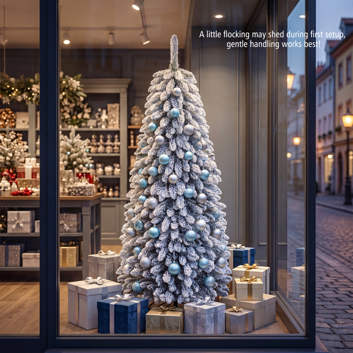 Snow-flocked, ornamented tree displayed among wrapped gifts in a shop window.