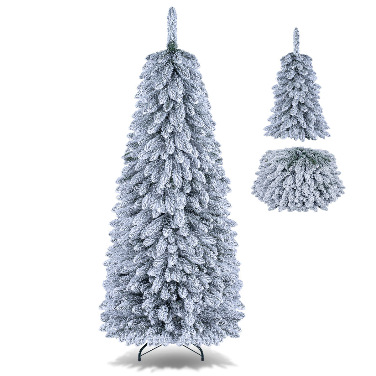 Snow-flocked tree on a metal stand, shown beside separate upper and flattened tree sections.
