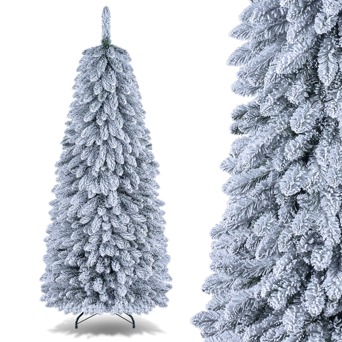 Snow-covered tree shown beside a close-up of its dense, flocked branches.