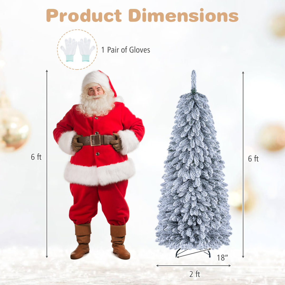 Snowy artificial tree beside a Santa figure, with arrows showing its height and base width.