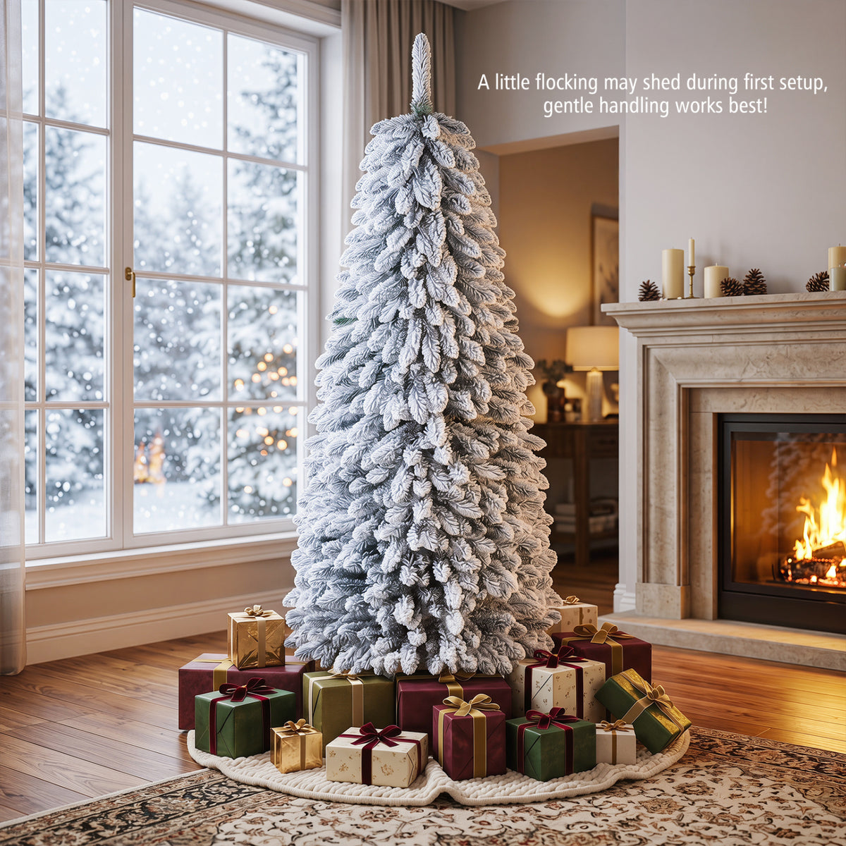 Snow-covered Christmas tree surrounded by wrapped gifts in a warmly lit living room.