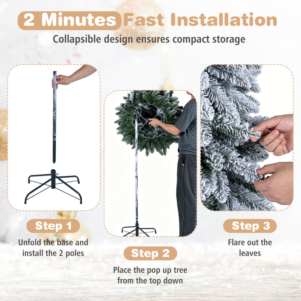Three panels show the metal stand and pole setup, placing the tree over the pole, and fluffing its branches.