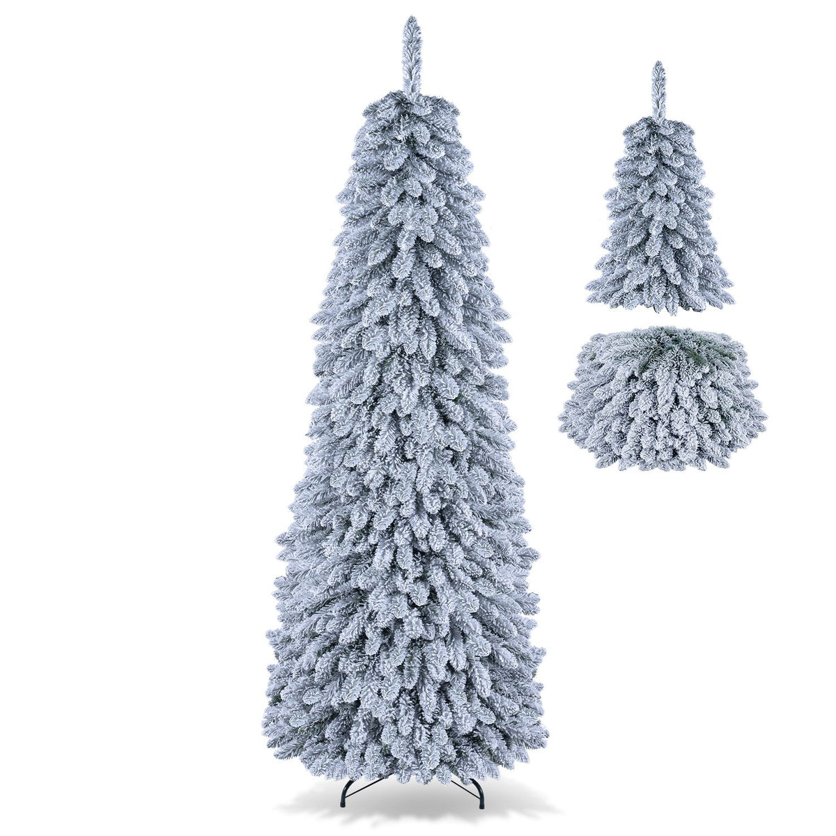 Snow-flocked tree shown assembled on a metal stand, with its top section and folded tree body displayed separately.