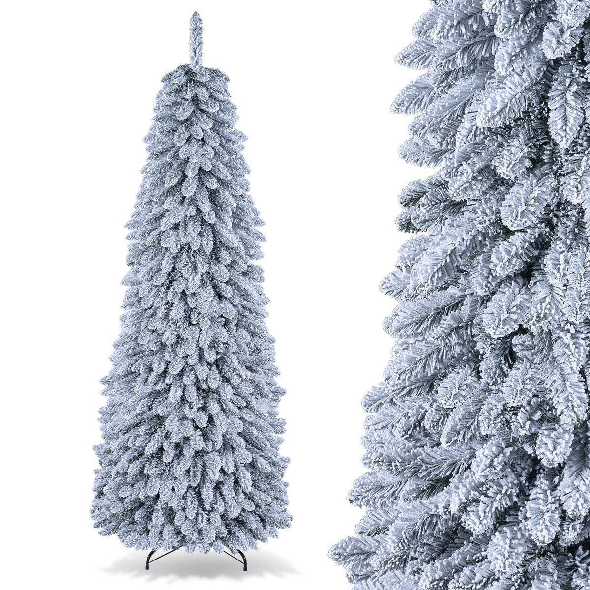 Close view of the snow-covered branch tips alongside the assembled tree on its stand.