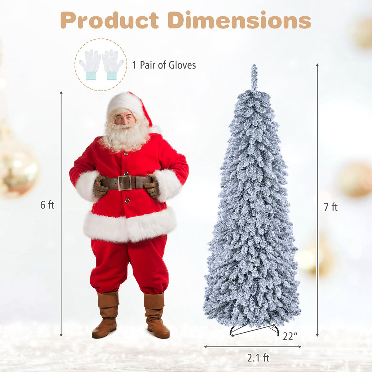Snow-covered Christmas tree shown beside a Santa figure with measurement arrows.