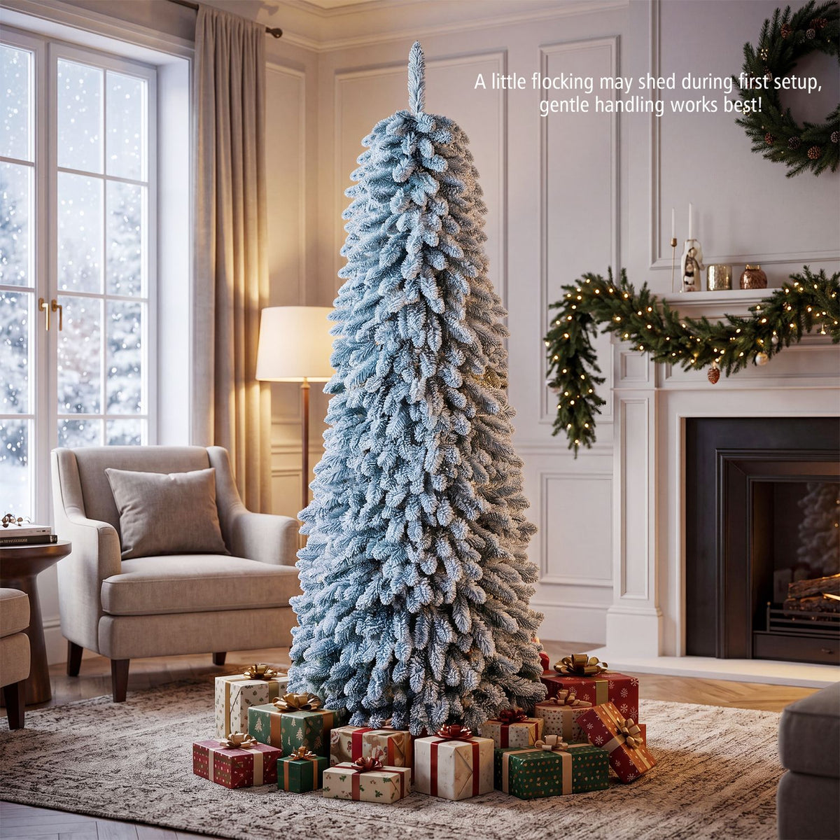 Snowy Christmas tree stands among wrapped gifts in a living room beside a decorated fireplace.