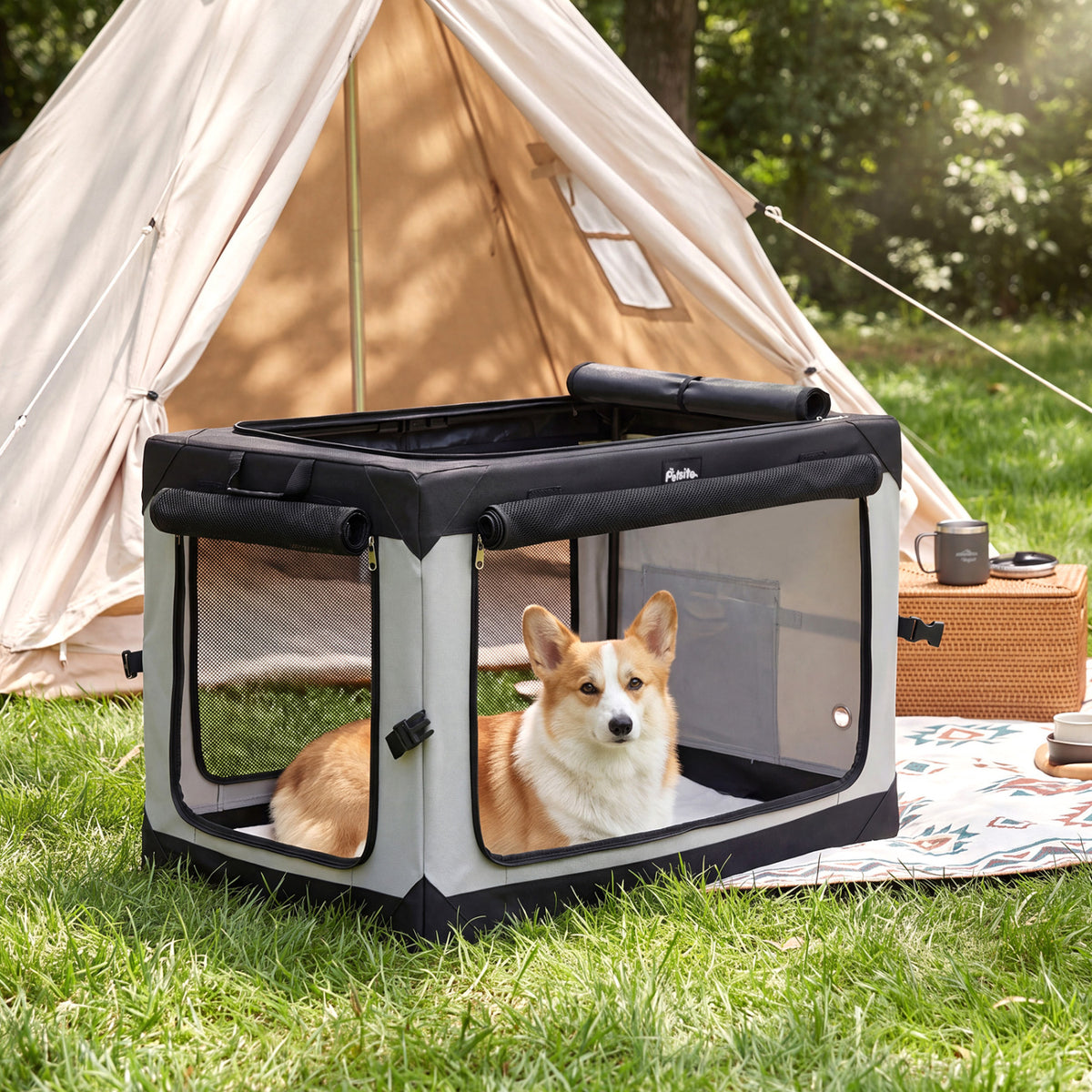 A small dog sits inside the black-and-gray soft crate on grass beside a tent.