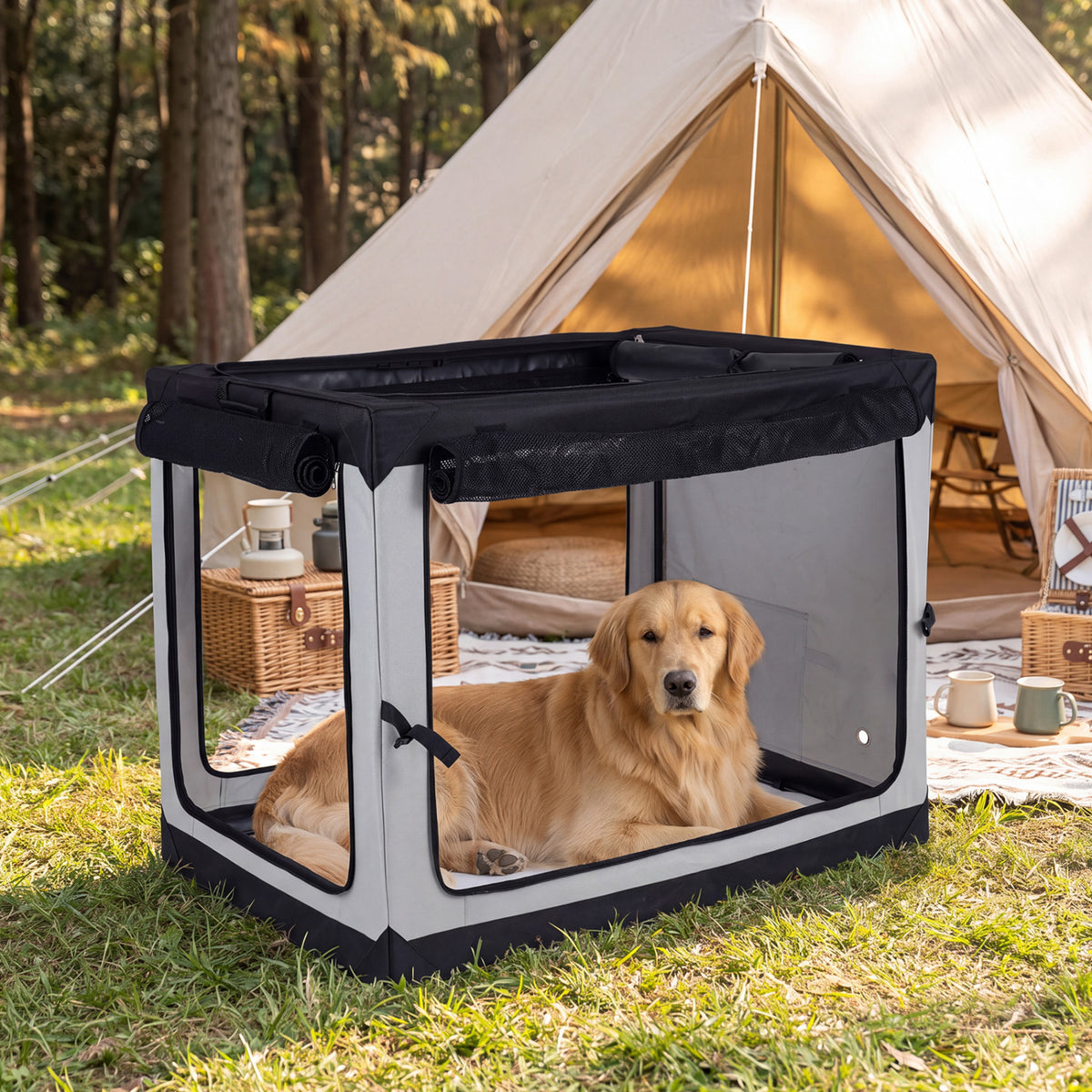 A golden retriever rests inside a black-and-gray mesh crate on grass beside a tent.
