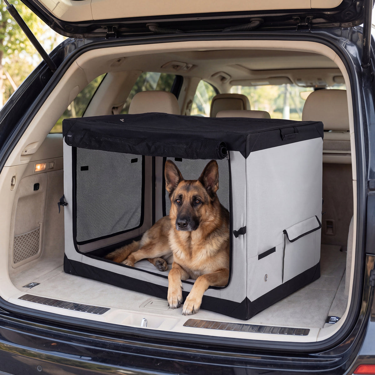 A German shepherd lies in a mesh crate in the open cargo area of an SUV.