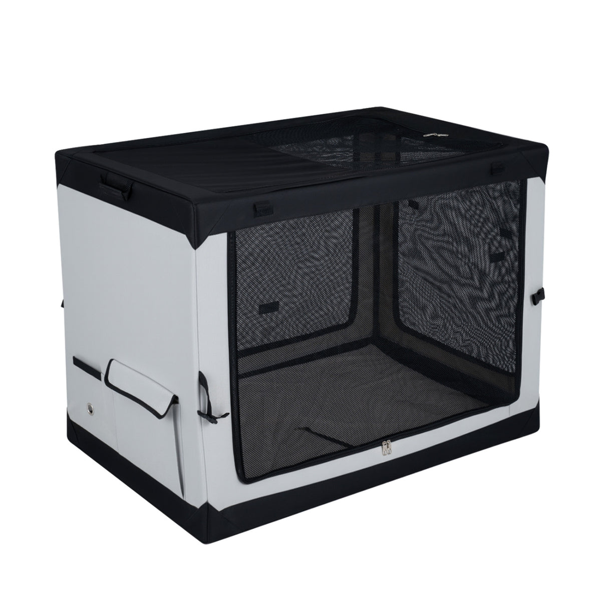 An empty black-and-gray soft crate shown at an angle, with mesh panels and a side pocket.