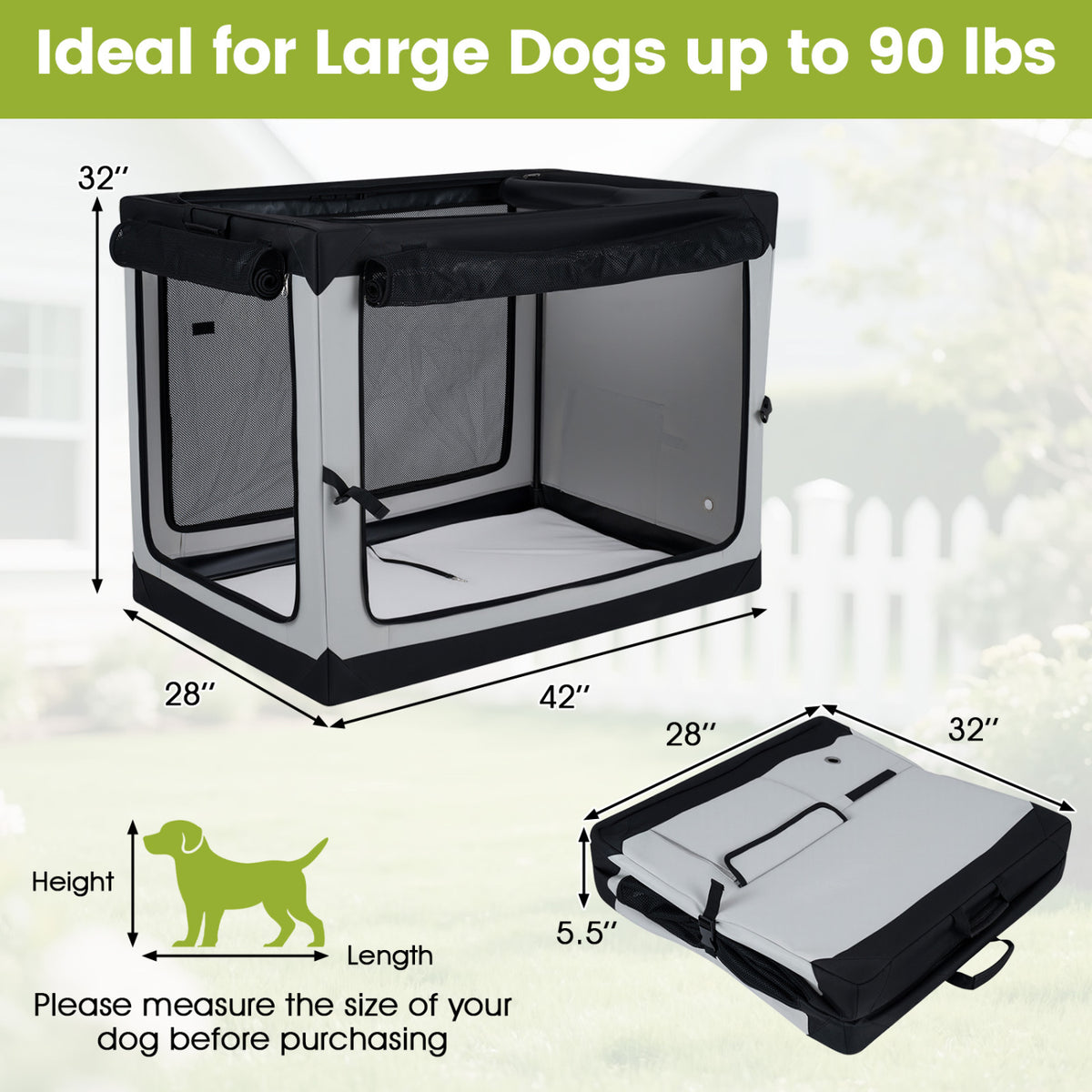 Black-and-gray soft dog crate shown upright beside a folded view, with measurement arrows.