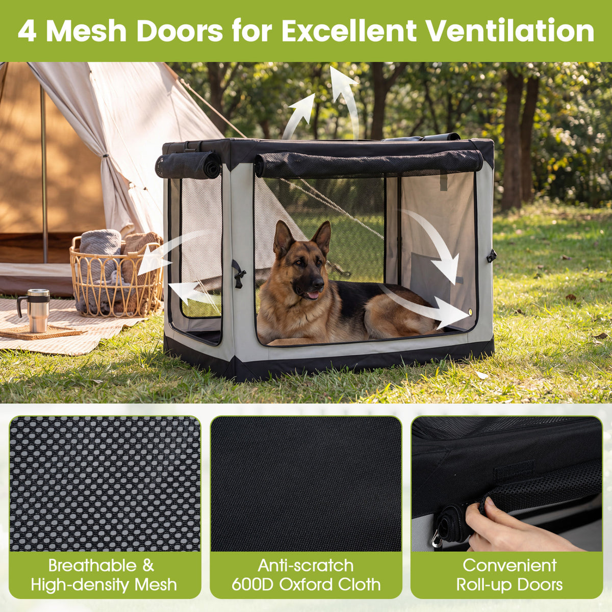A dog rests inside the soft crate outdoors, above close-ups of its mesh and rolled-up doors.