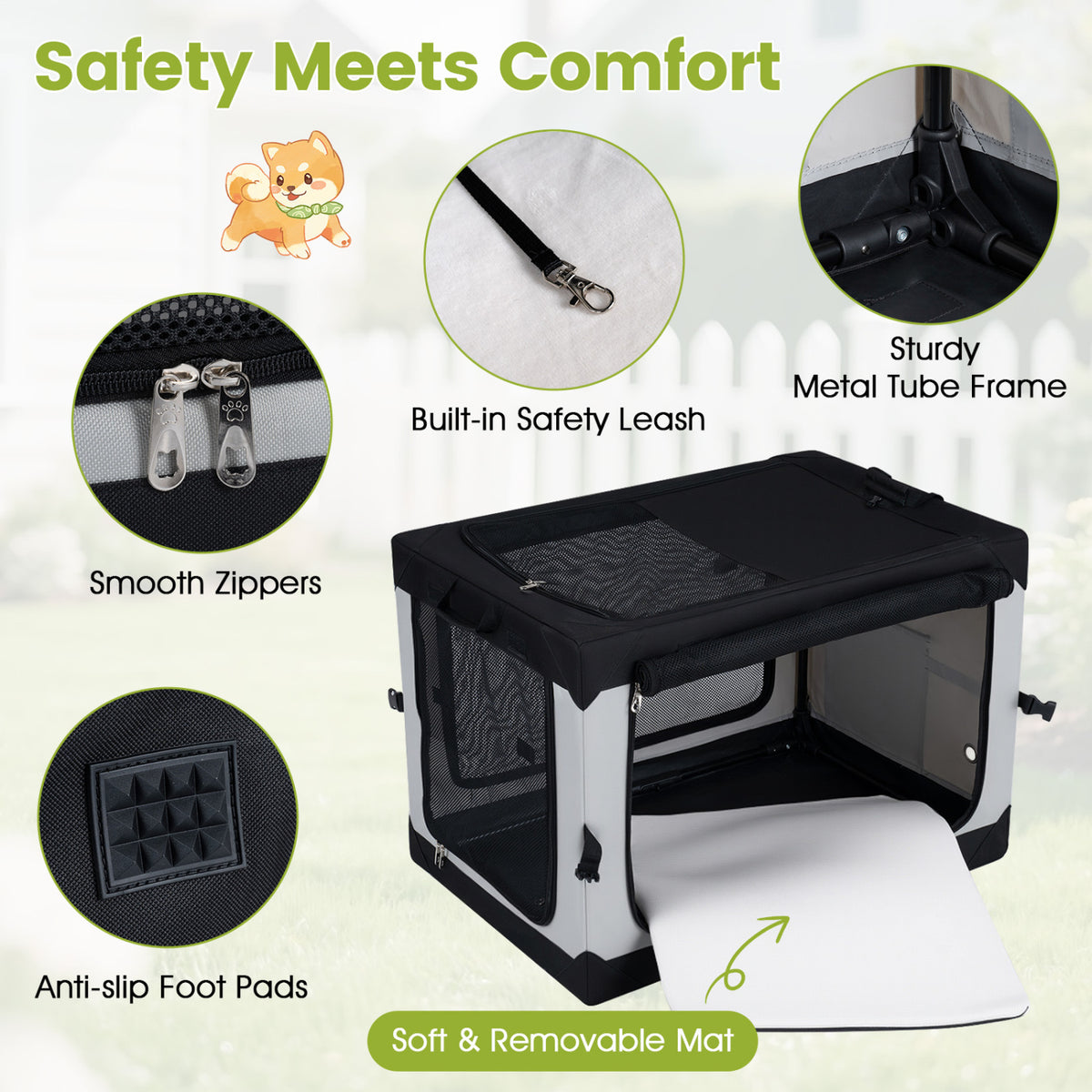 Soft crate with its light mat pulled out, surrounded by close-ups of the zippers, leash, frame, and feet.