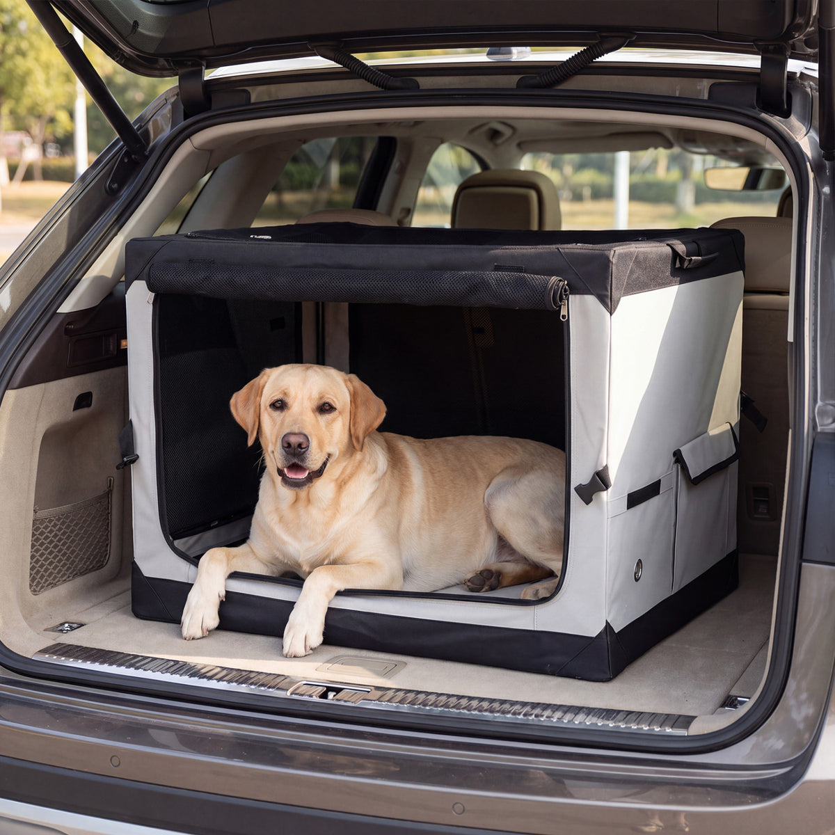 A tan dog rests in a black-and-gray mesh crate in the open trunk of a car.