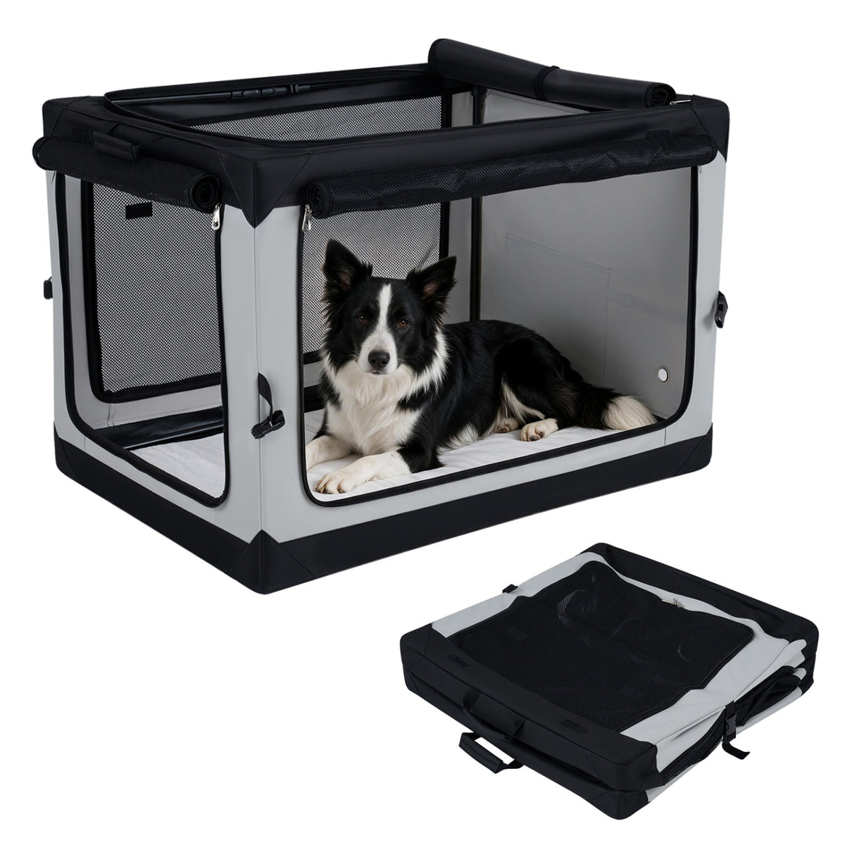 A black-and-gray mesh dog crate with a dog inside is shown beside its folded form.