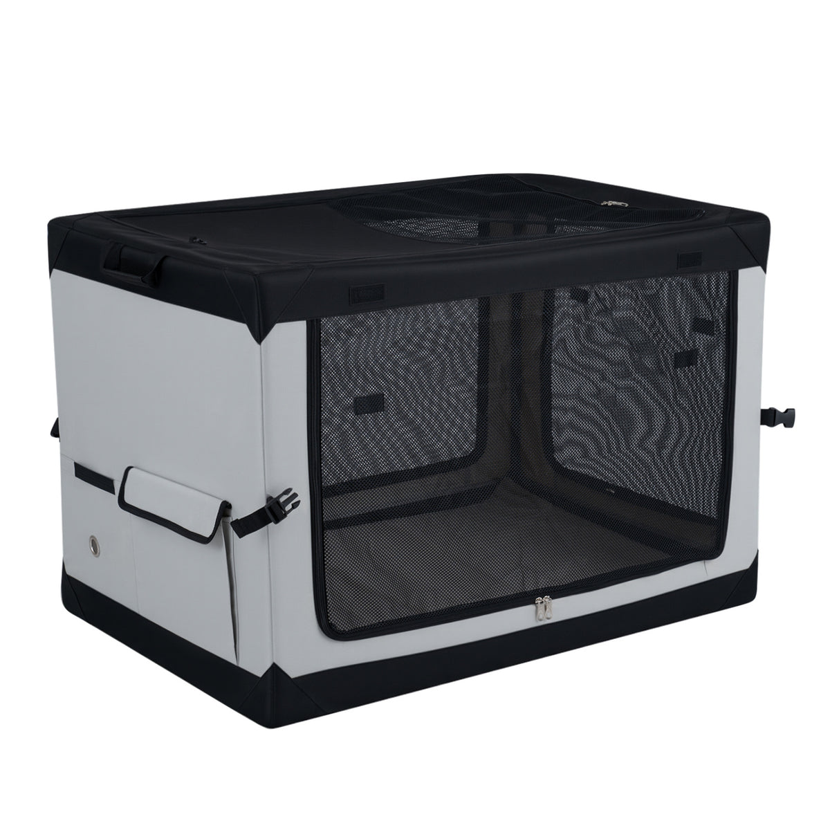 An empty black-and-gray soft dog crate shown at an angle, with mesh panels and a side pocket.