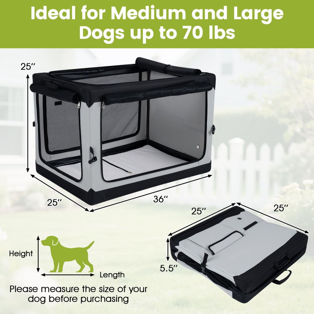 Gray-and-black soft dog crate shown assembled beside a folded view, with measurement arrows.