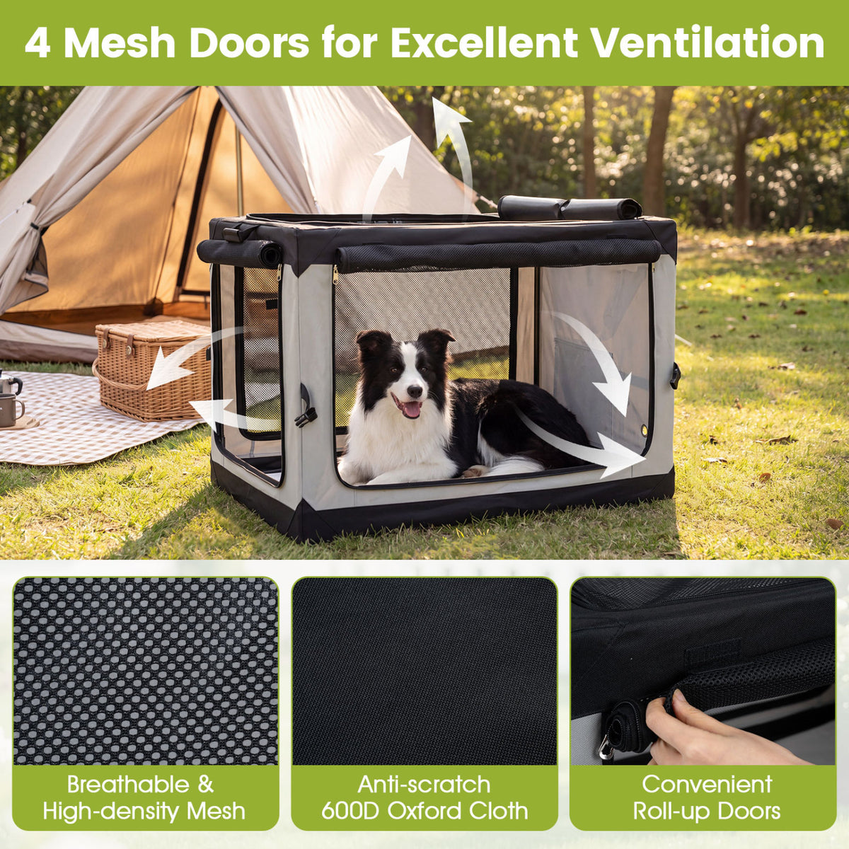A dog sits inside a gray soft crate outdoors, with close-ups of mesh and rolled-up door details below.