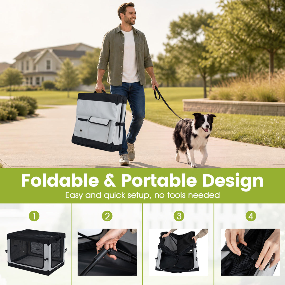 A person carries a folded gray crate while walking a dog; four smaller panels show crate setup details.