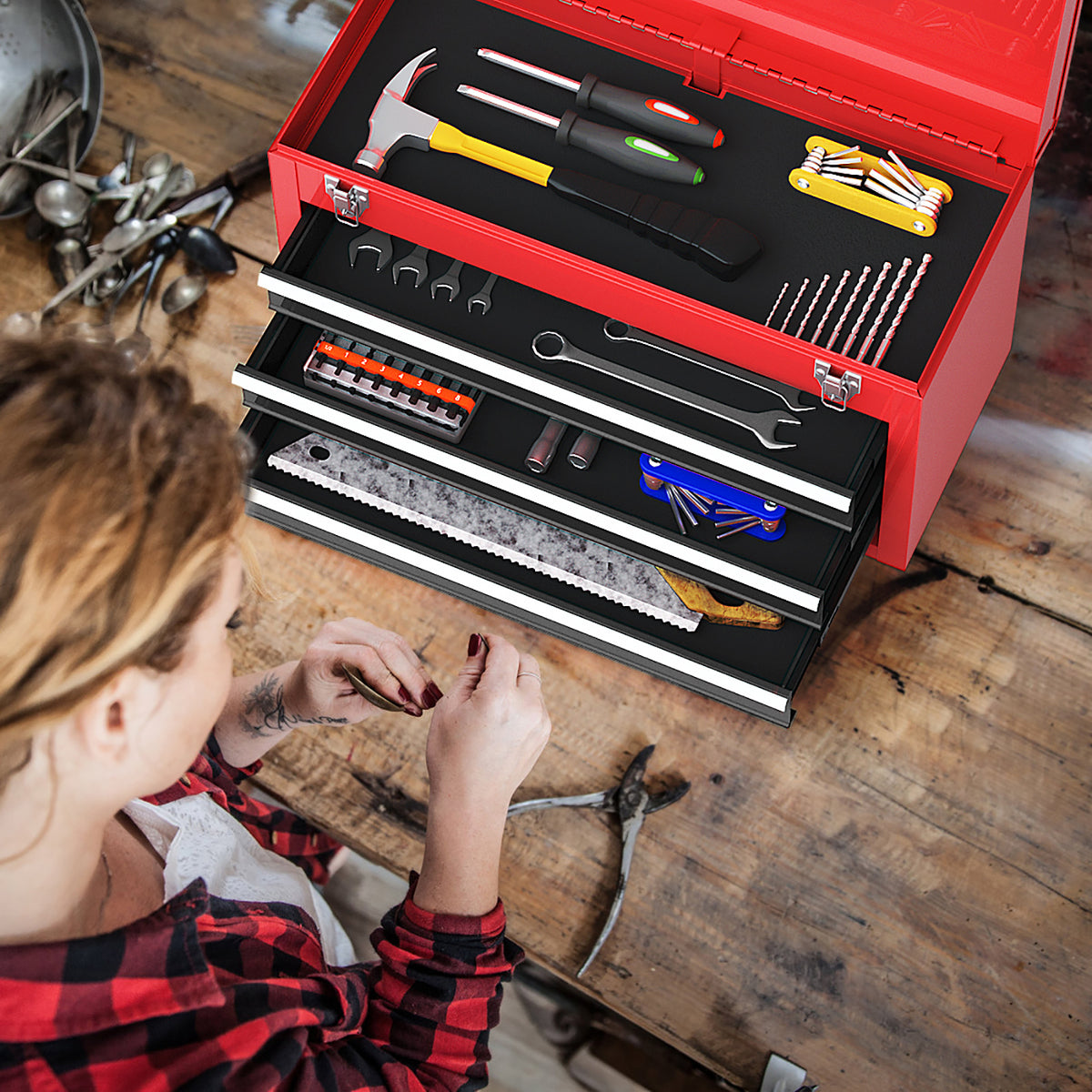 Portable Garage Mechanic Tool Cabinet Box with 3 Drawers