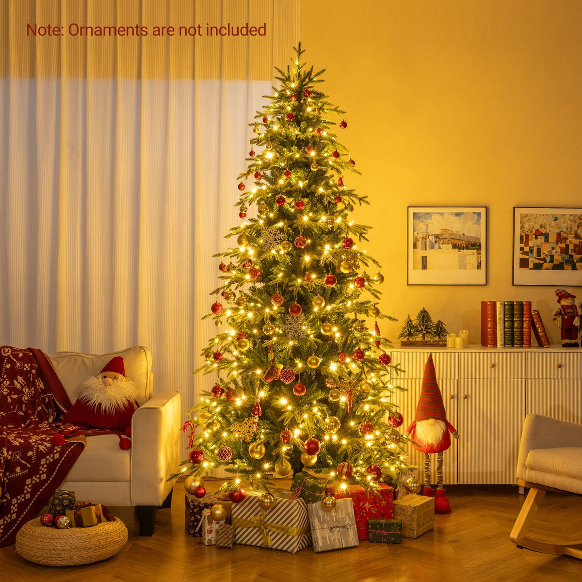 Warm white pre-lit Christmas tree decorated in a living room