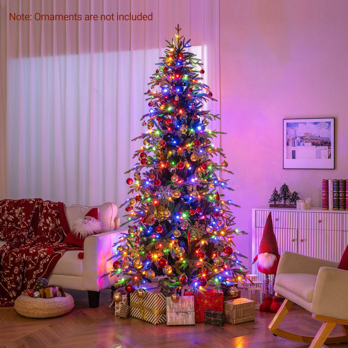 Colorful pre-lit Christmas tree decorated in a living room