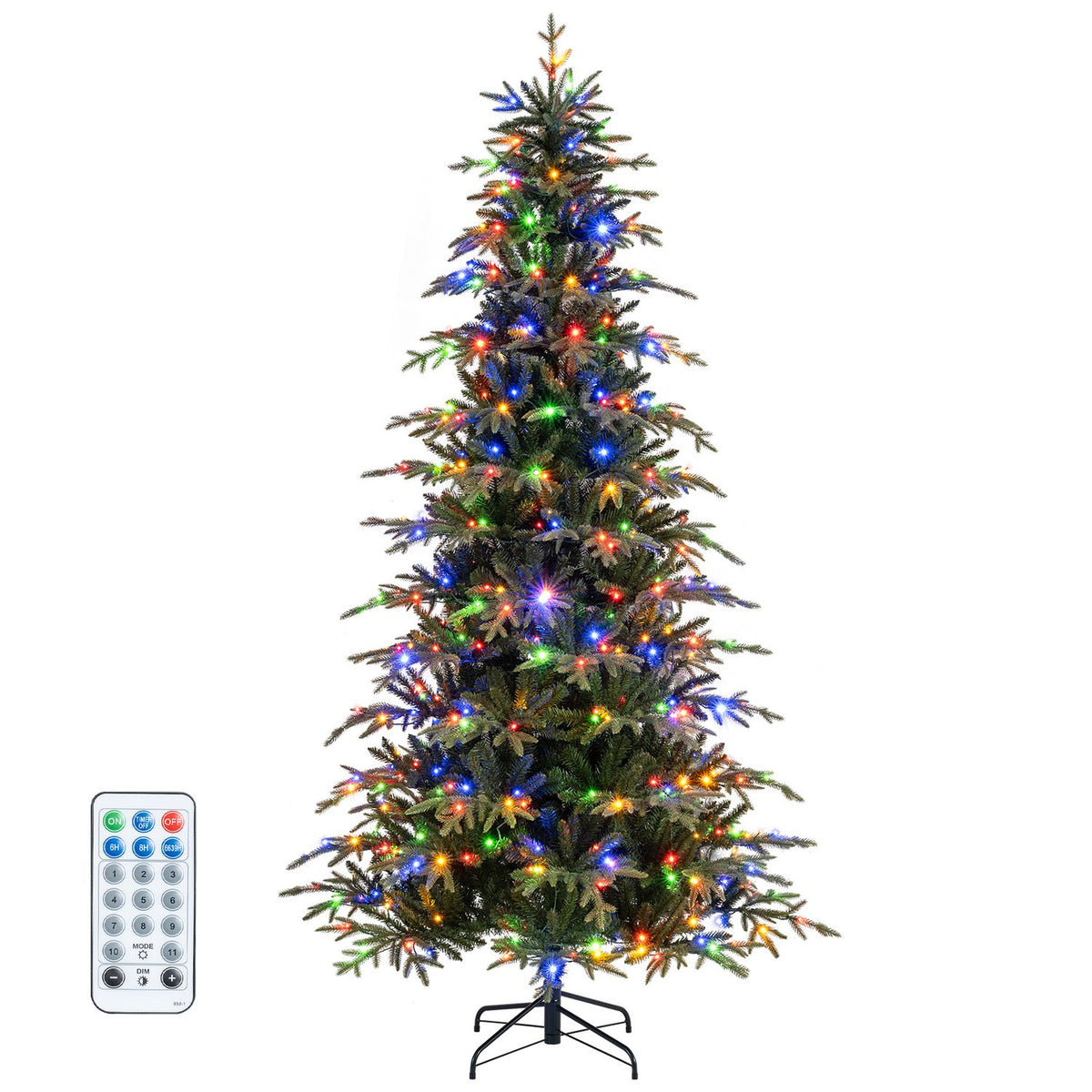 Multicolored LED artificial Christmas tree with remote on a white background