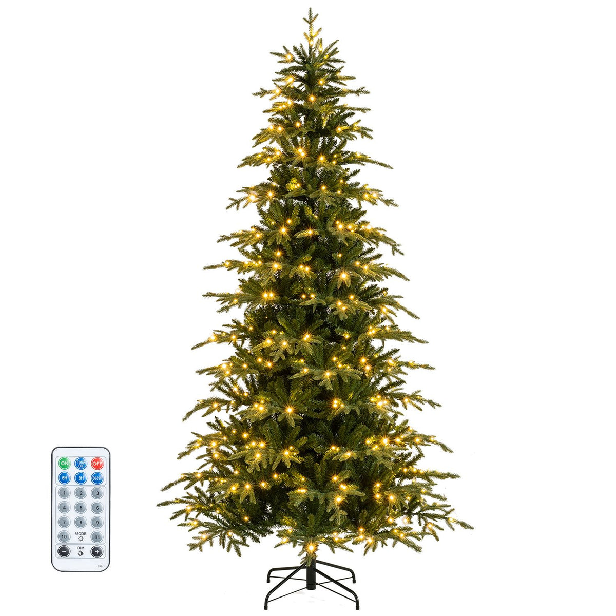 Warm white artificial Christmas tree with remote on a white background