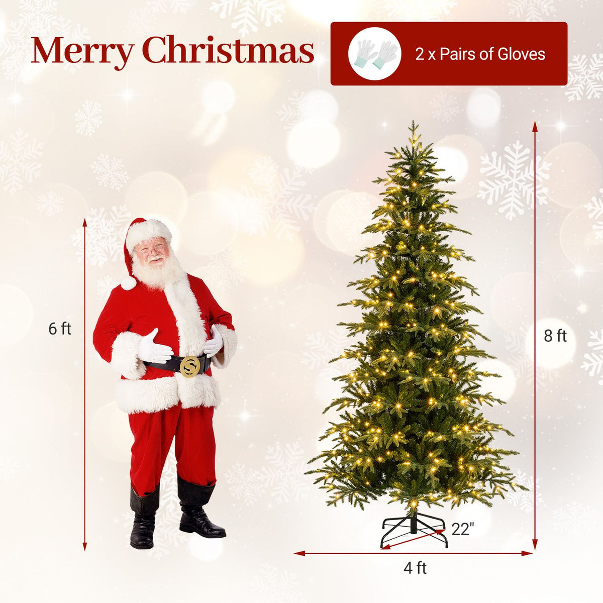 Illustrated 8-foot Christmas tree with size arrows, base measurement and gloves
