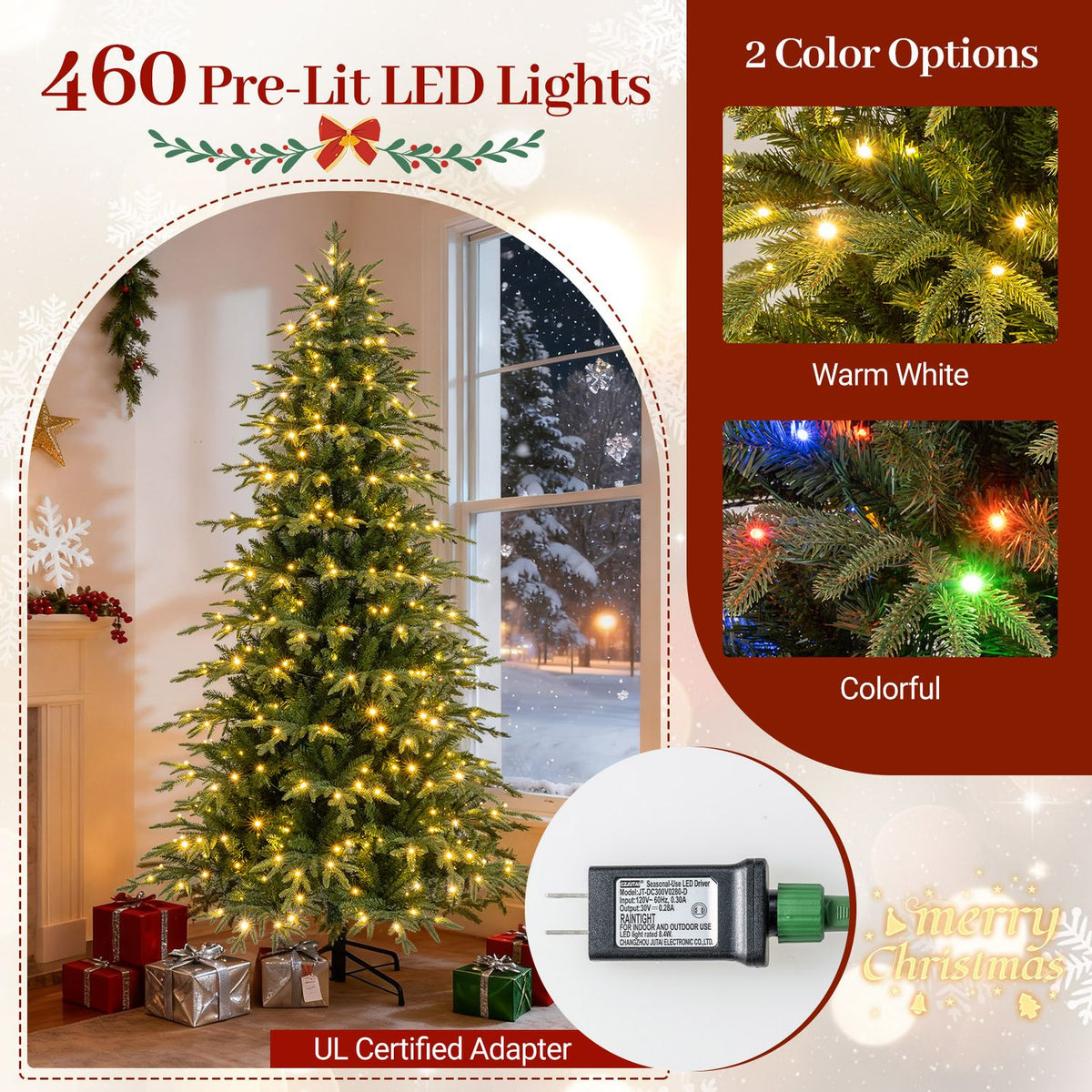 Pre-lit Christmas tree lighting options shown with warm white and colorful LEDs