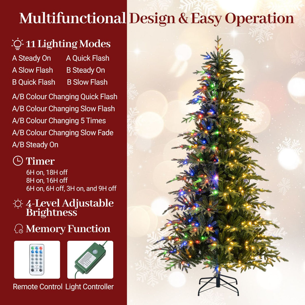 Artificial tree glowing with multicolor lights beside images of a remote and light controller.