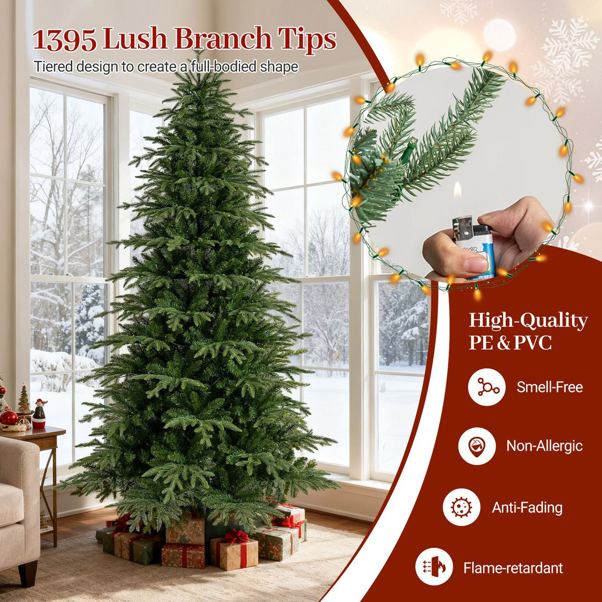 Full green artificial tree in a bright room, with an inset close-up of a branch and hand holding a lighter.