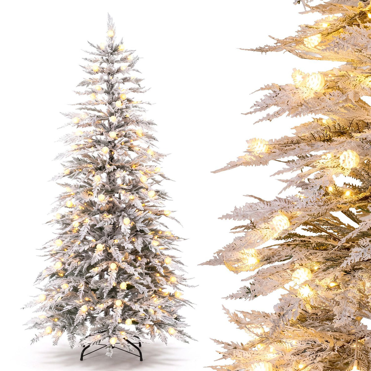Flocked artificial tree with warm lights shown full-length beside a close-up of its branches