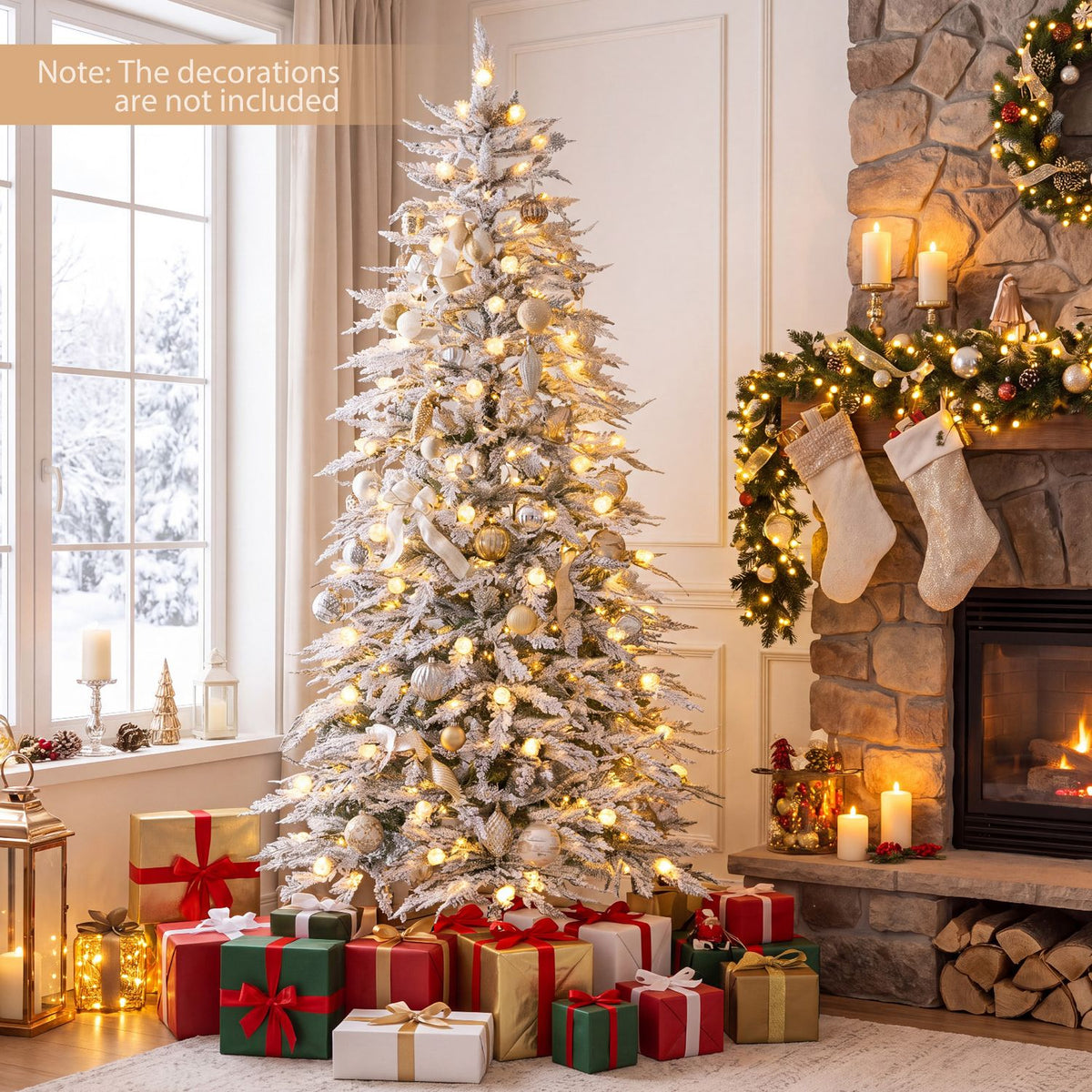 Snow-flocked Christmas tree glowing with warm lights beside a window and wrapped gifts