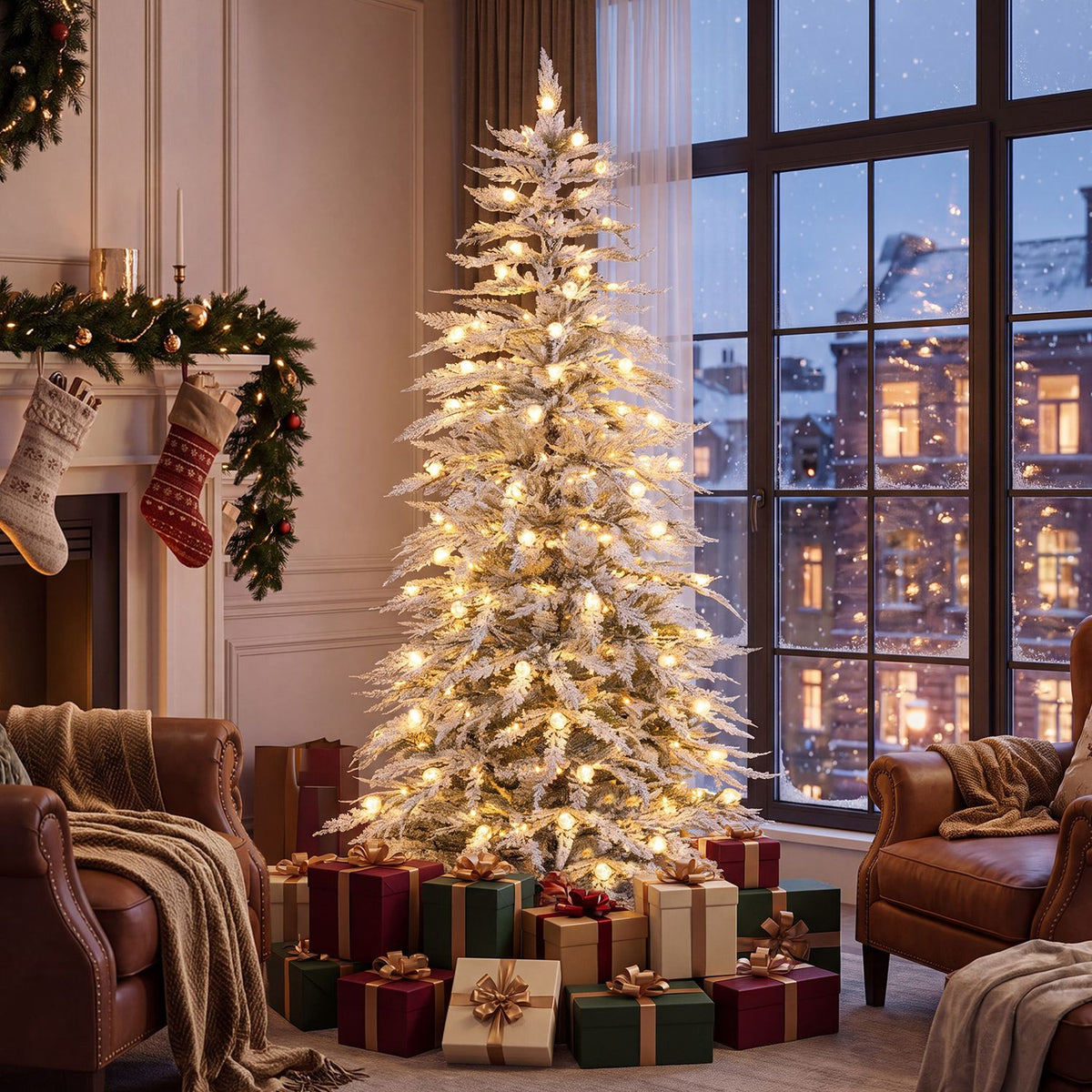 Lit flocked Christmas tree in a living room beside a large window and holiday gifts