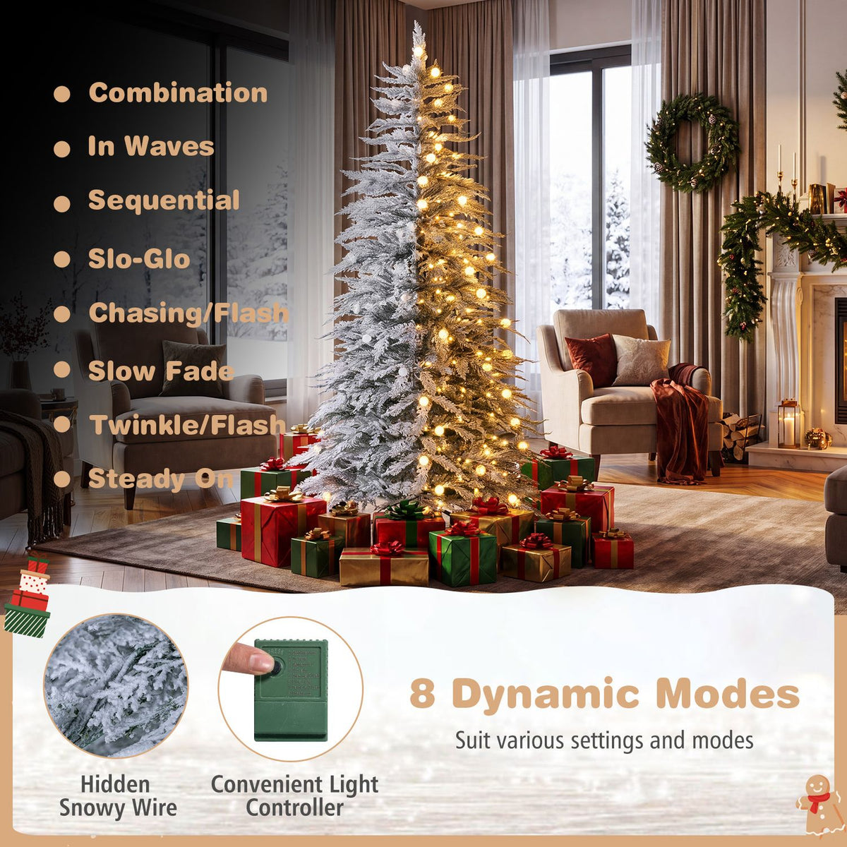 A lit flocked tree stands in a living room beside a list of lighting modes and controller details.