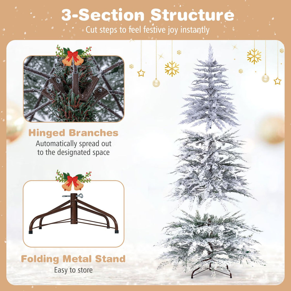 A flocked tree is shown beside close-ups of hinged branches and a folding metal stand.