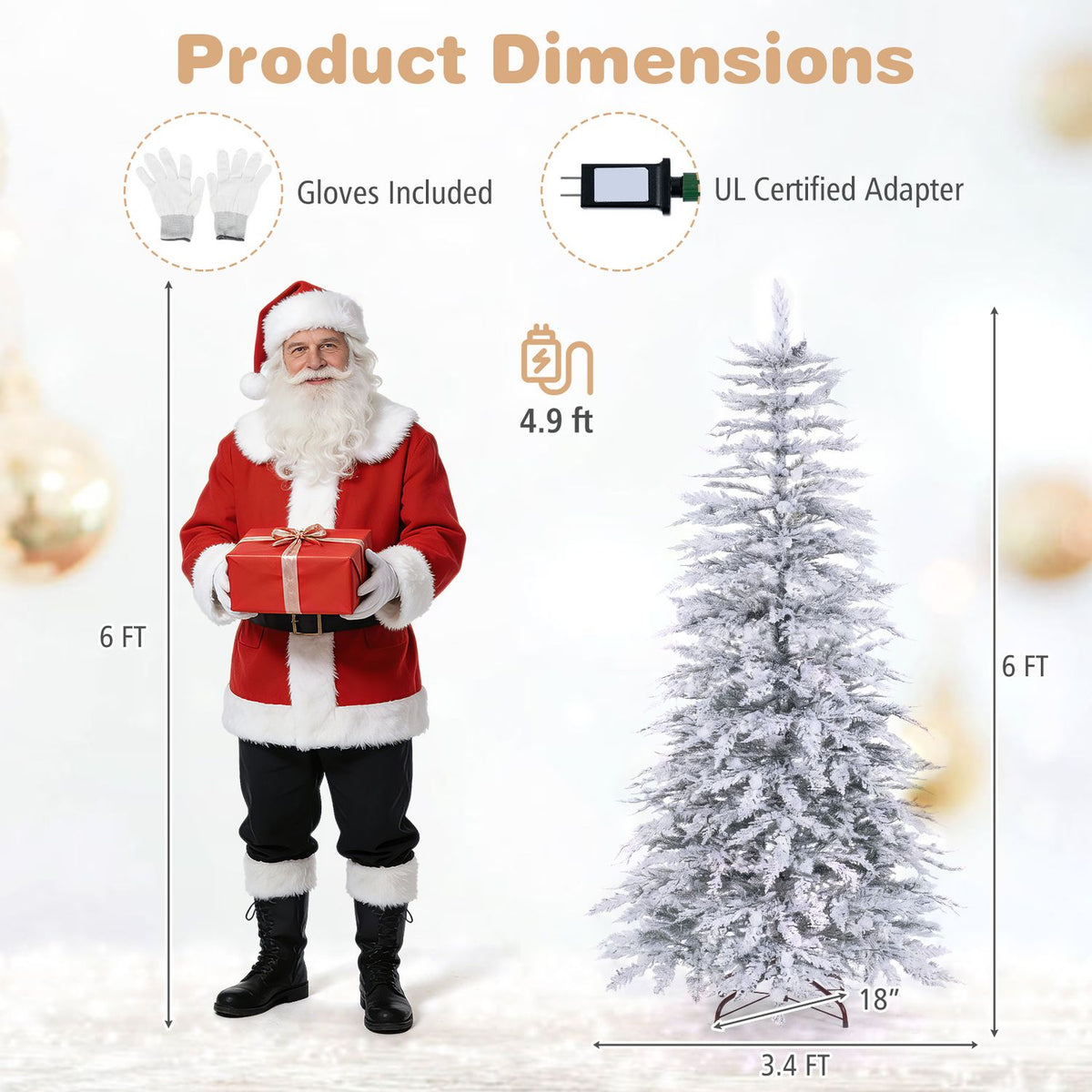 Flocked lit Christmas tree beside a Santa figure in a size and dimensions graphic
