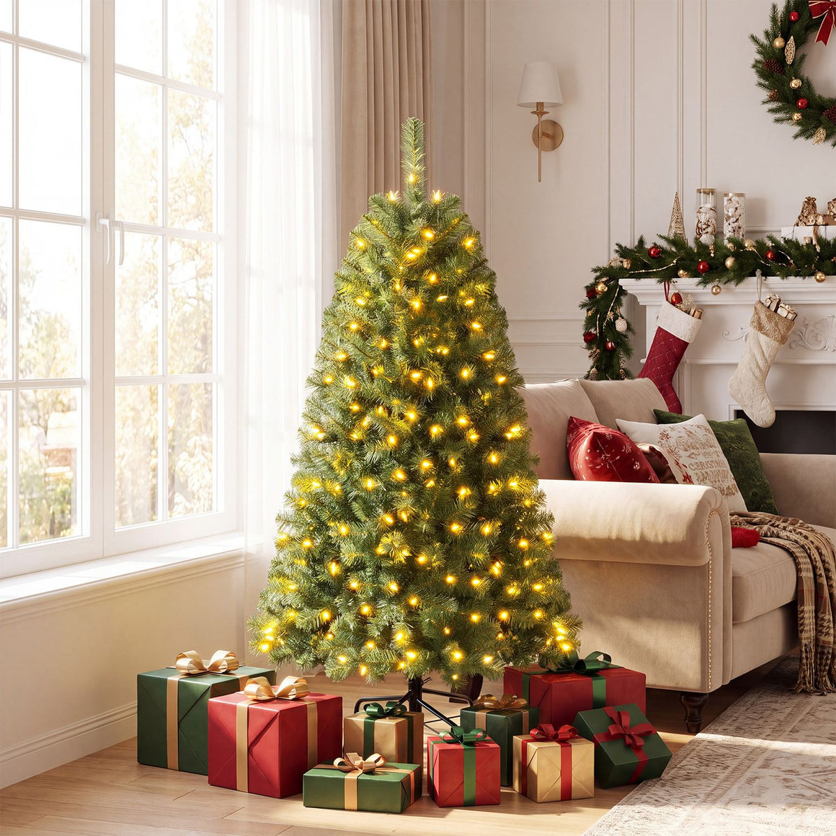 Green artificial Christmas tree glowing with warm lights beside a sofa, with wrapped presents underneath.