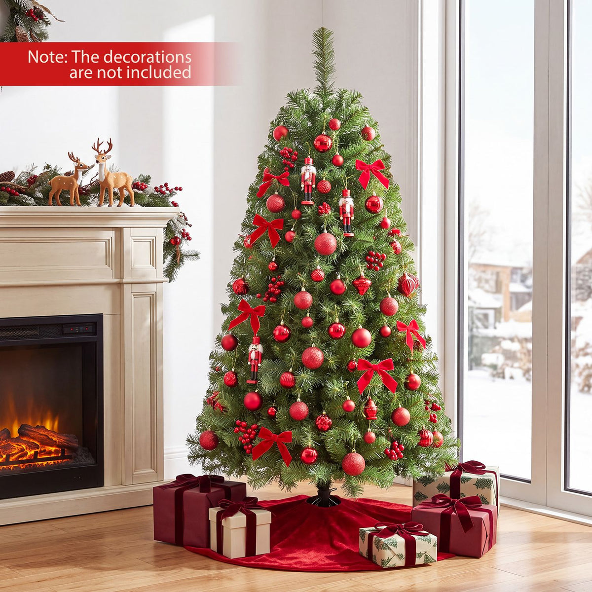 Green Christmas tree decorated with red baubles and bows beside a fireplace, with presents around its base.