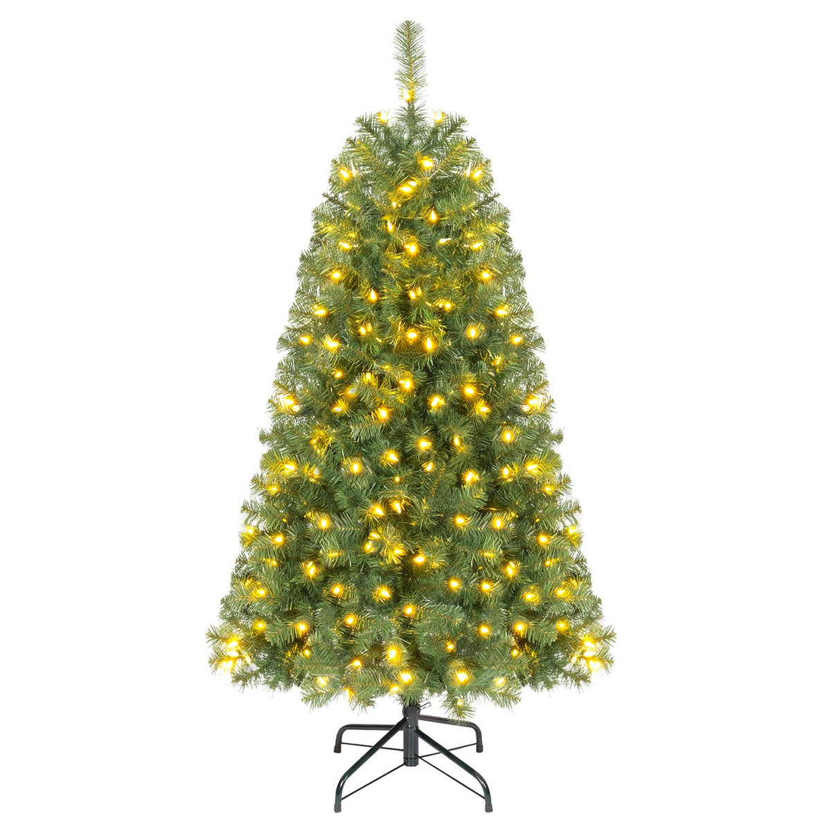 Green artificial Christmas tree lit with warm lights, shown on a black metal stand against a white background.