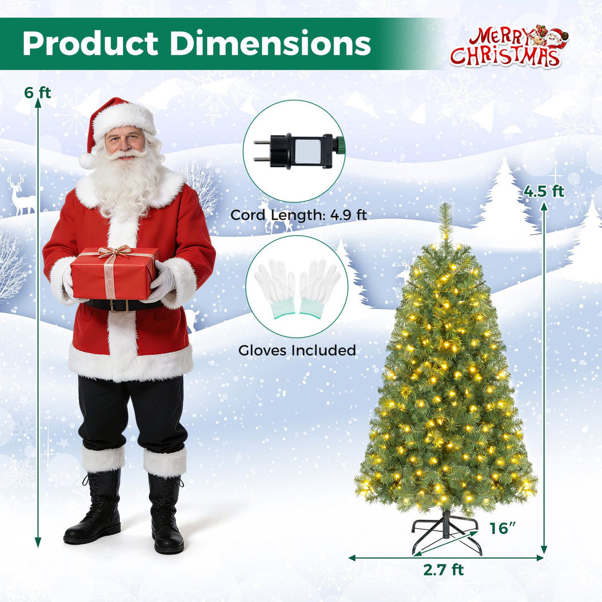 Graphic showing a lit green Christmas tree beside Santa, with accessory illustrations and dimension arrows.