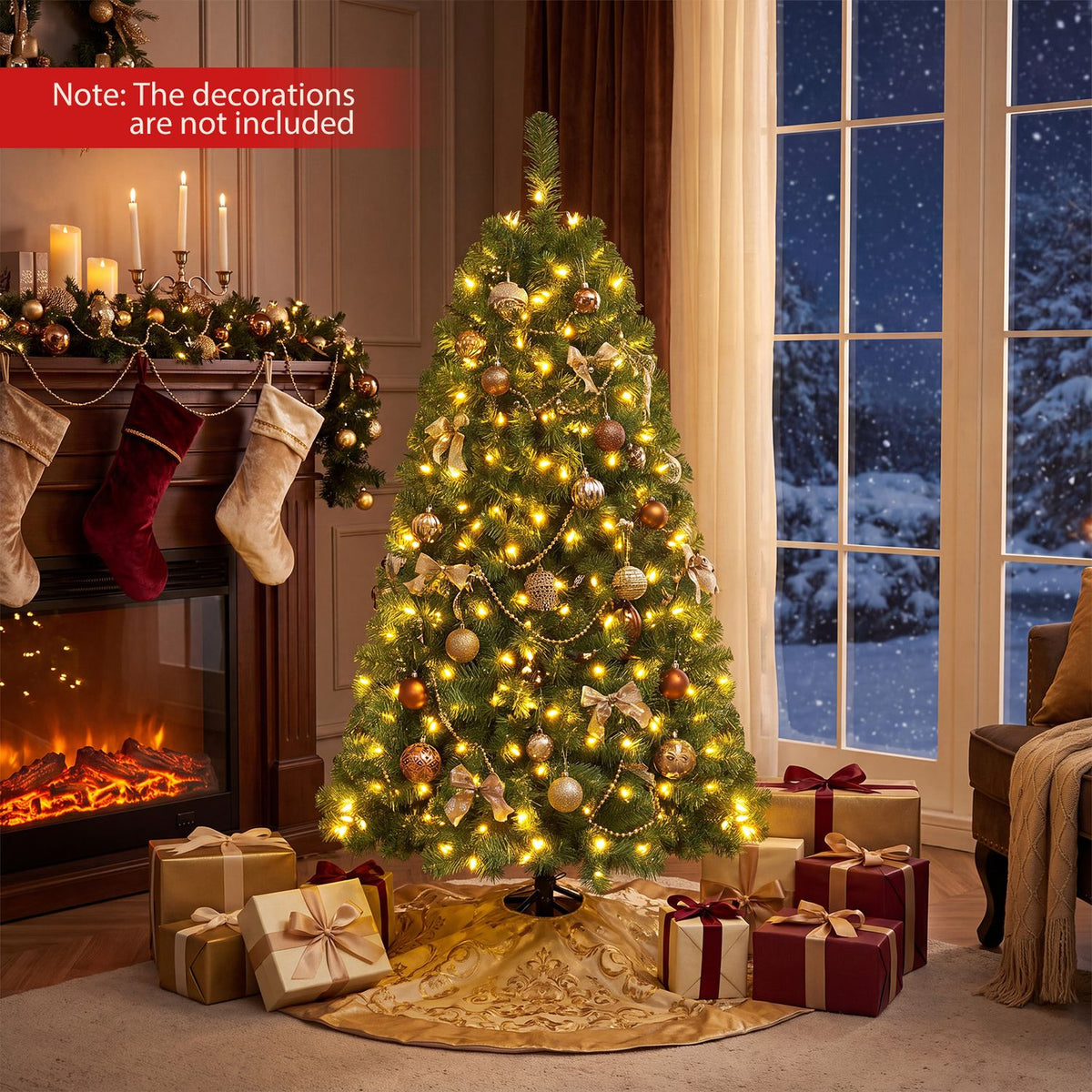 A glowing artificial Christmas tree stands beside a fireplace, surrounded by wrapped gifts.