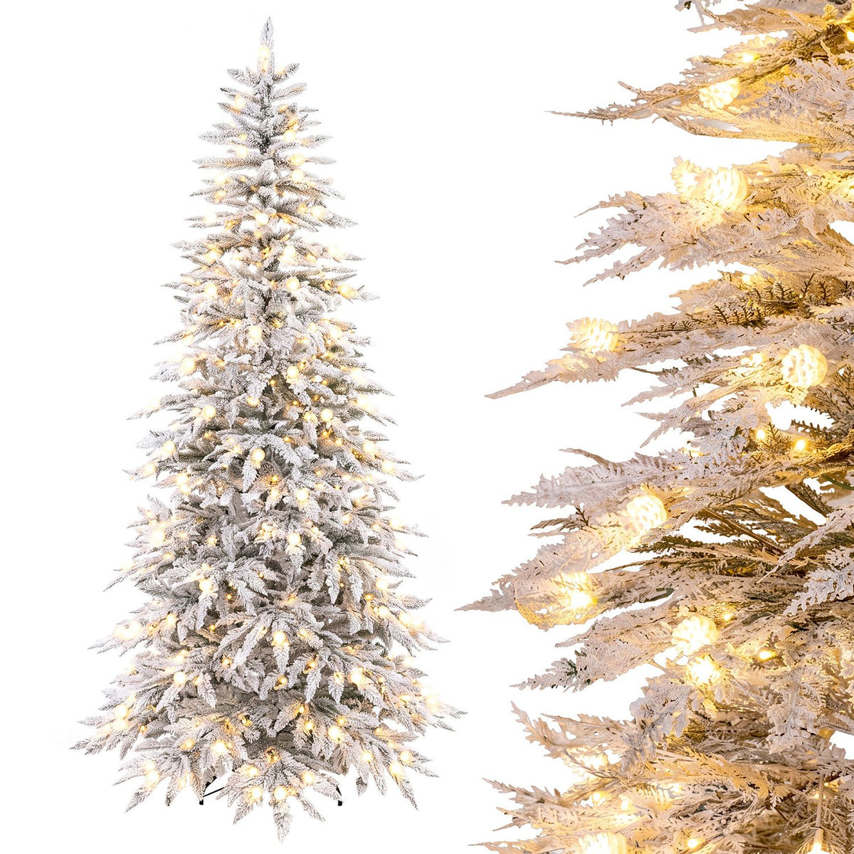Full flocked tree with warm lights beside a close-up of illuminated snowy branches.