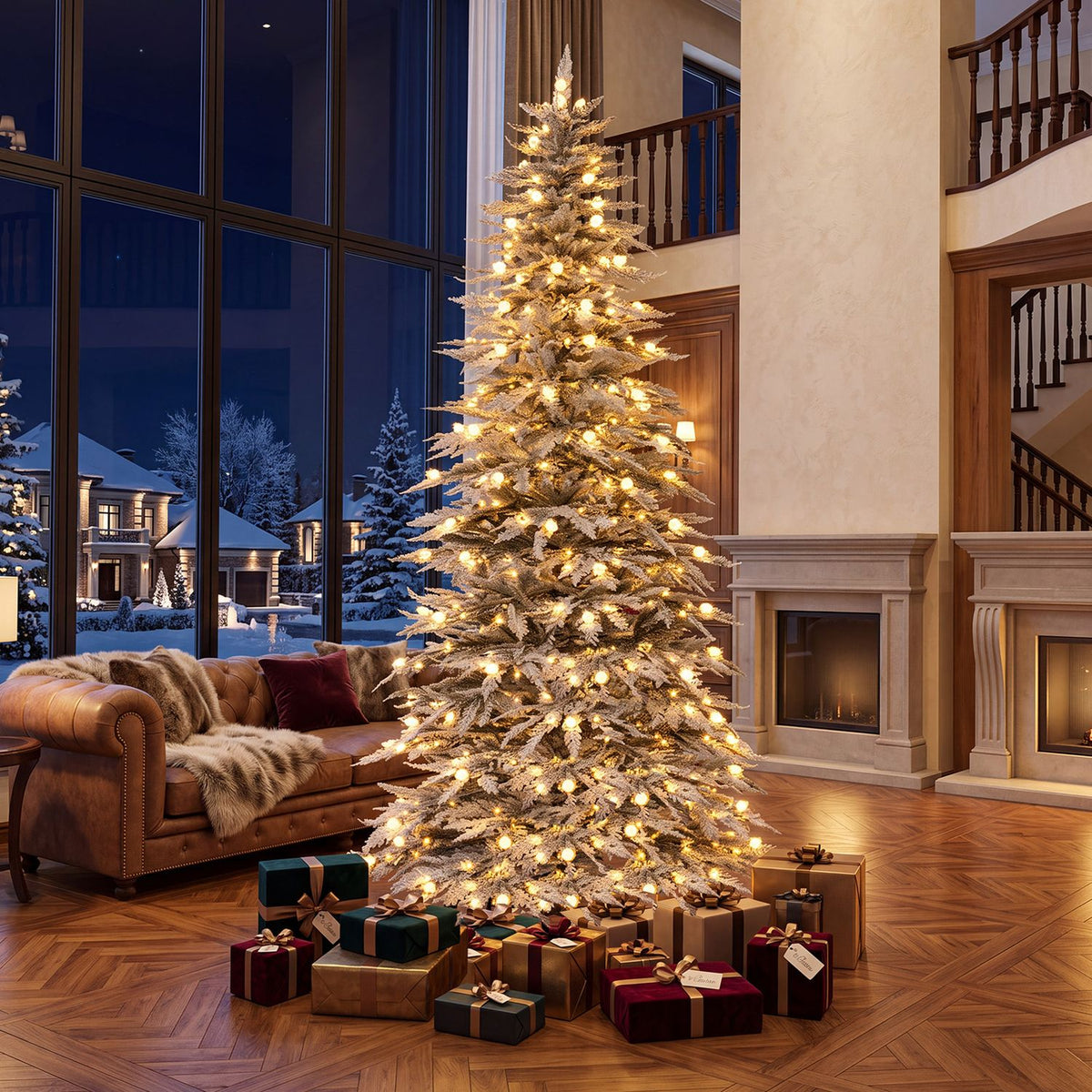 Illuminated flocked Christmas tree stands in a living room at night, surrounded by wrapped presents.