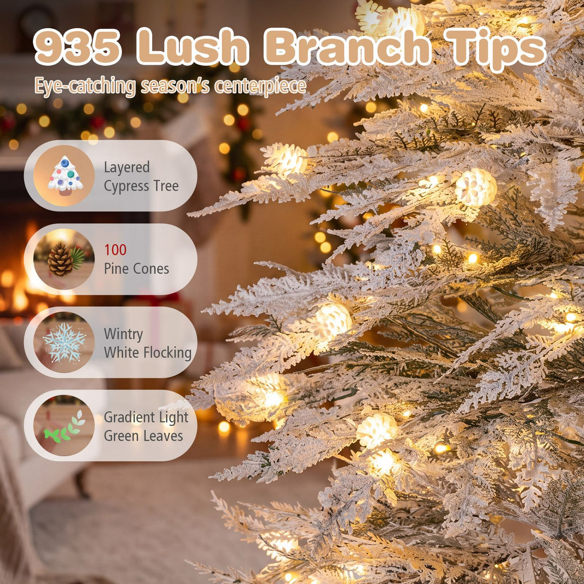 Close-up of snow-covered tree branches with warm lights, pine cones, and pale foliage.