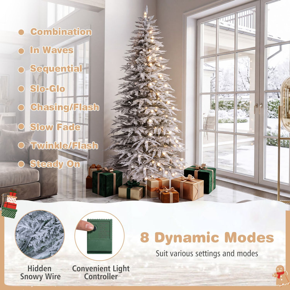 Flocked tree displayed in a bright room with gift boxes, alongside an inset showing its green light controller.